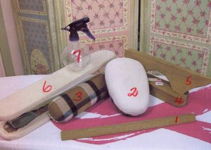 1: Seam stick and organza press cloth 2: Tailor's ham 3: Seam roll 4: Clapper 5: Point presser 6: Sleeve board 7: Spray bottle