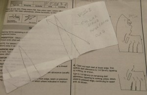 I created a pattern piece for the back neckline   Dart take up sections will be removed when canvass has been cut.  Once this is closely pad-stitched, it will provide support for the back upper collar.