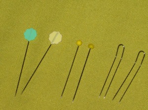 L to R: Flower head pins Extra long glass head pins Fork pins