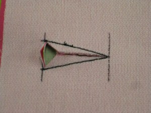 Slash buttonhole fabric to point and on the same angles as the sides of the buttonhole.