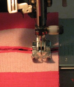 Keeping cut edges even, stitch just inside the seam allowance across both garment pieces.